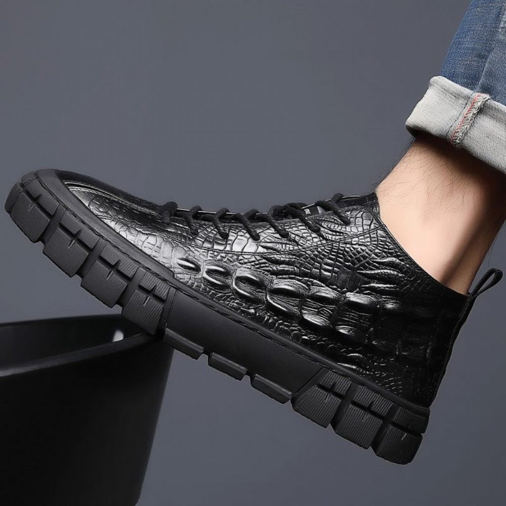 Baskets Cuir À Plateforme Lacets Pour Hommes Chaussures Décontractées - Noir