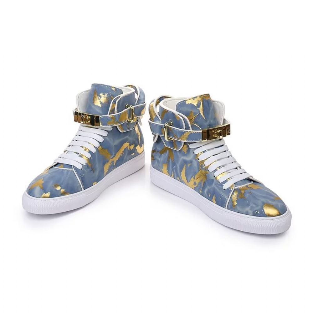 Baskets Homme Urban Graffiti Chic Cuir Vache Hautes - Bleu