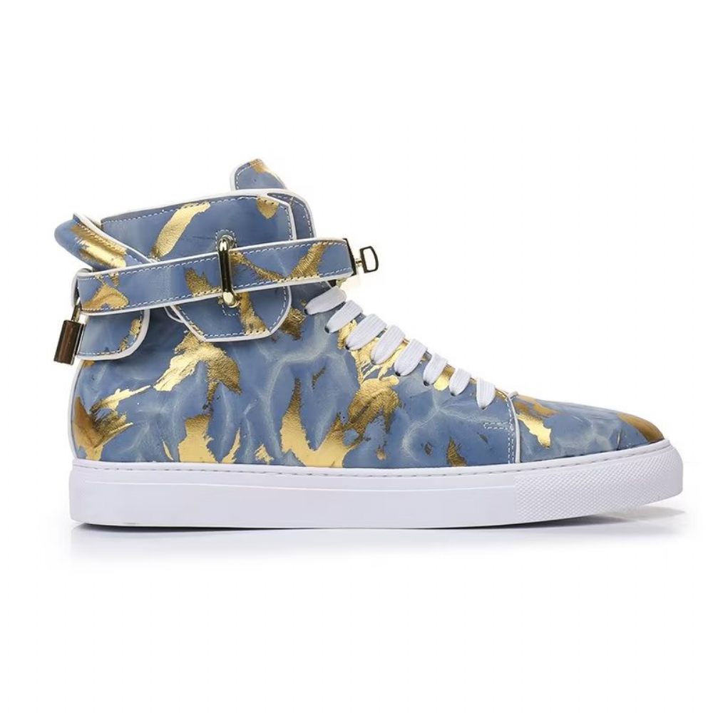 Baskets Homme Urban Graffiti Chic Cuir Vache Hautes - Bleu