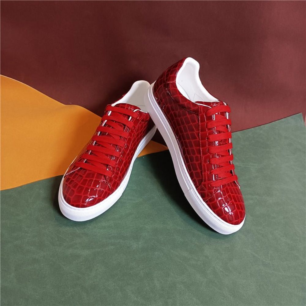 Baskets Pour Hommes À Plateforme Lacets Cuir Lux - Rouge