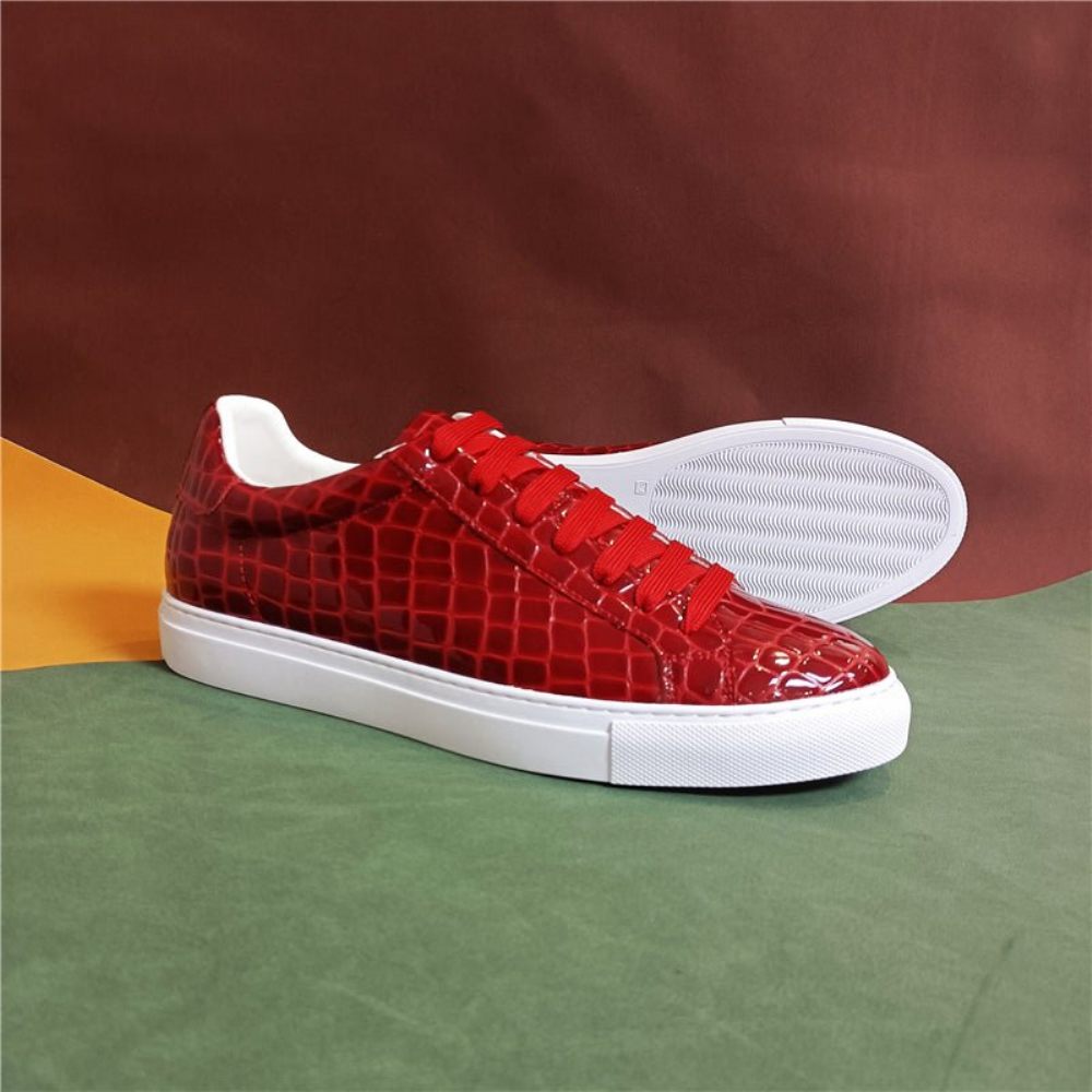 Baskets Pour Hommes À Plateforme Lacets Cuir Lux - Rouge