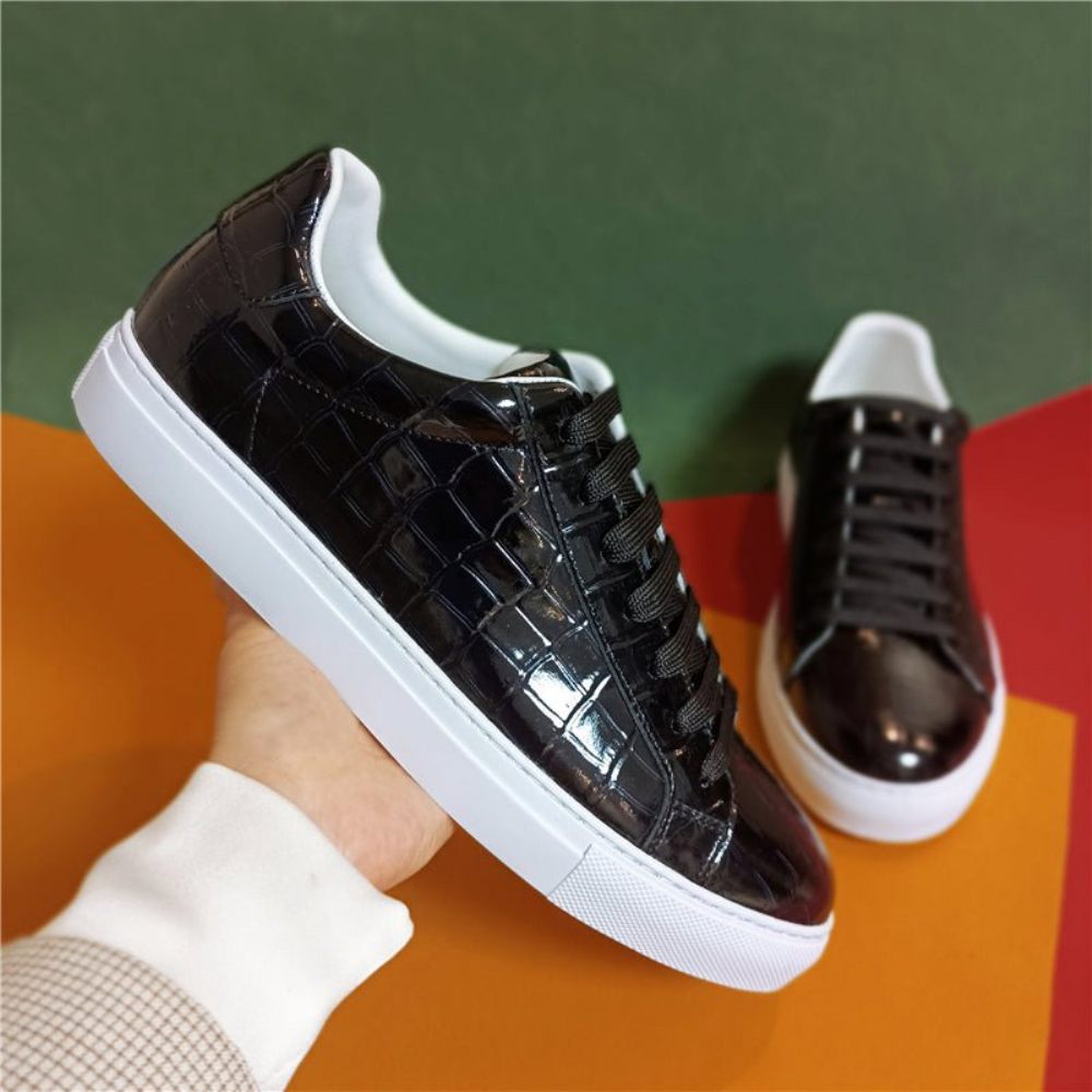 Baskets Luxe Cuir À Lacets Pour Hommes Plateforme - Noir