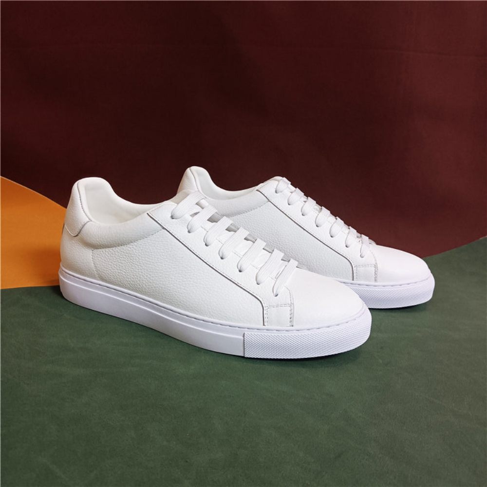 Baskets Luxe Cuir À Lacets Pour Hommes Plateforme - Blanc