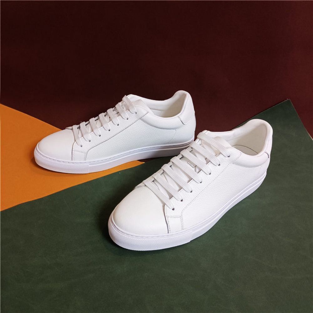 Baskets Luxe Cuir À Lacets Pour Hommes Plateforme - Blanc