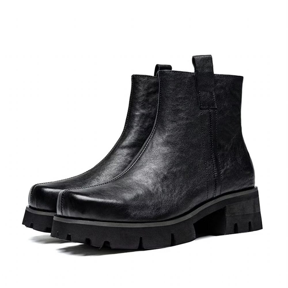 Bottes Pour Hommes Bottines À Bout Rond Cuir - Noir