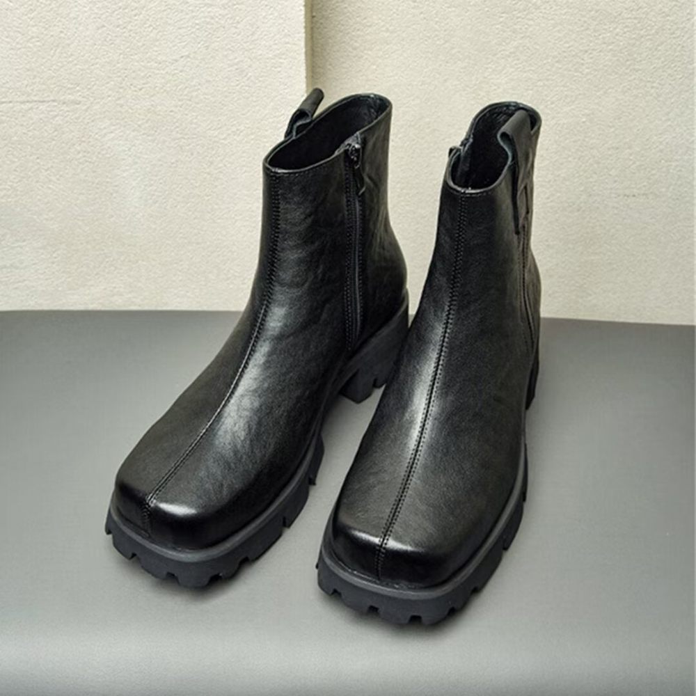 Bottes Pour Hommes Bottines À Bout Rond Cuir - Noir