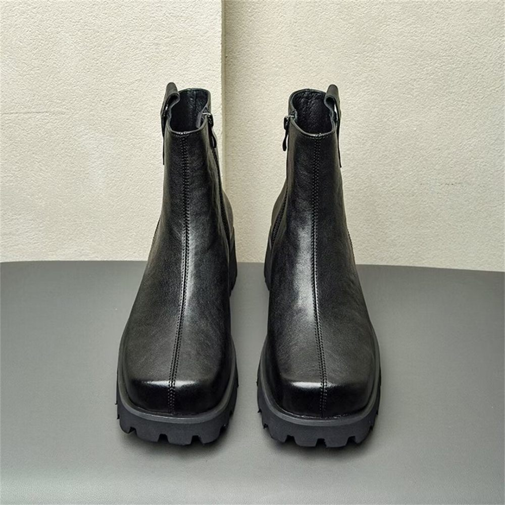 Bottes Pour Hommes Bottines À Bout Rond Cuir - Noir