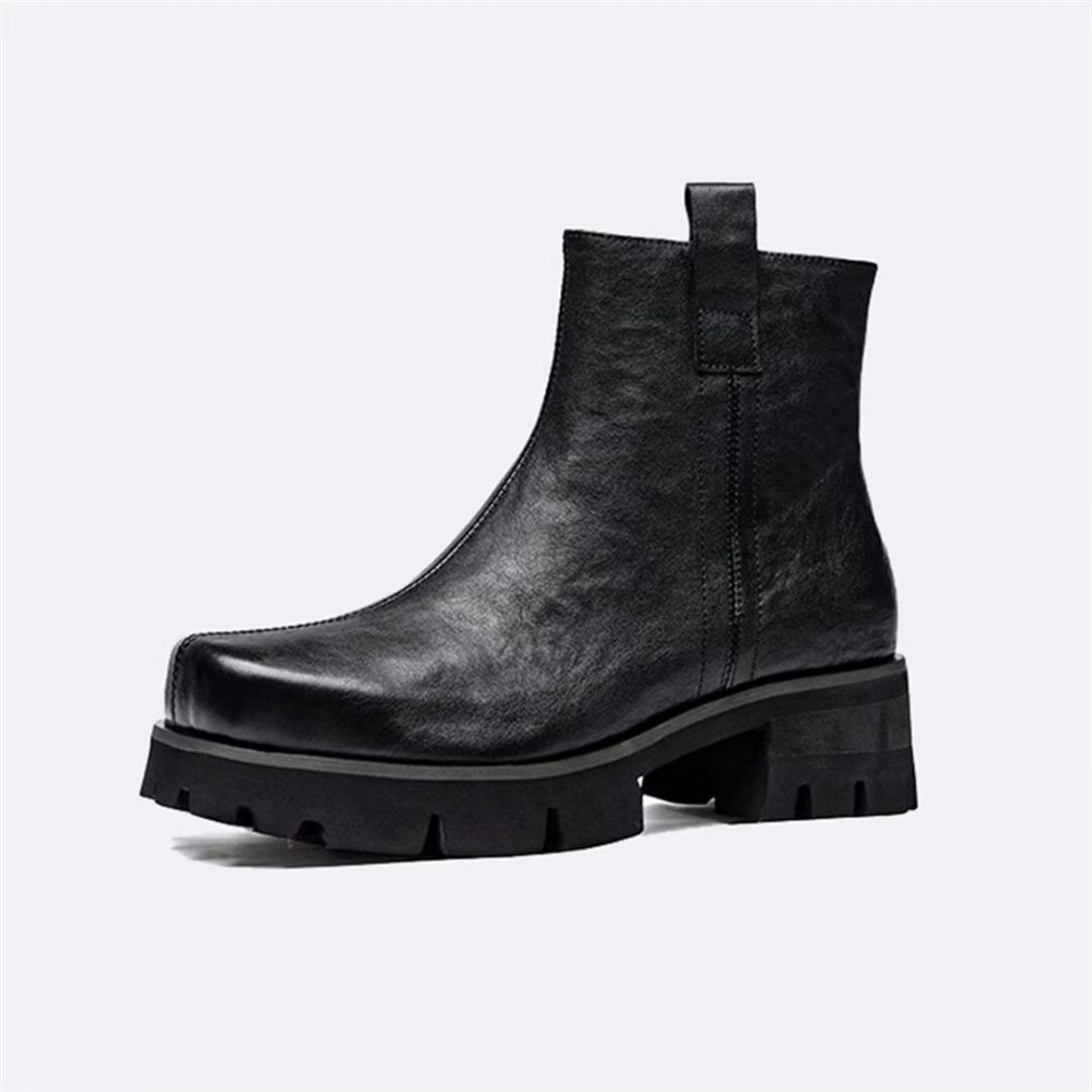 Bottes Pour Hommes Bottines À Bout Rond Cuir - Noir