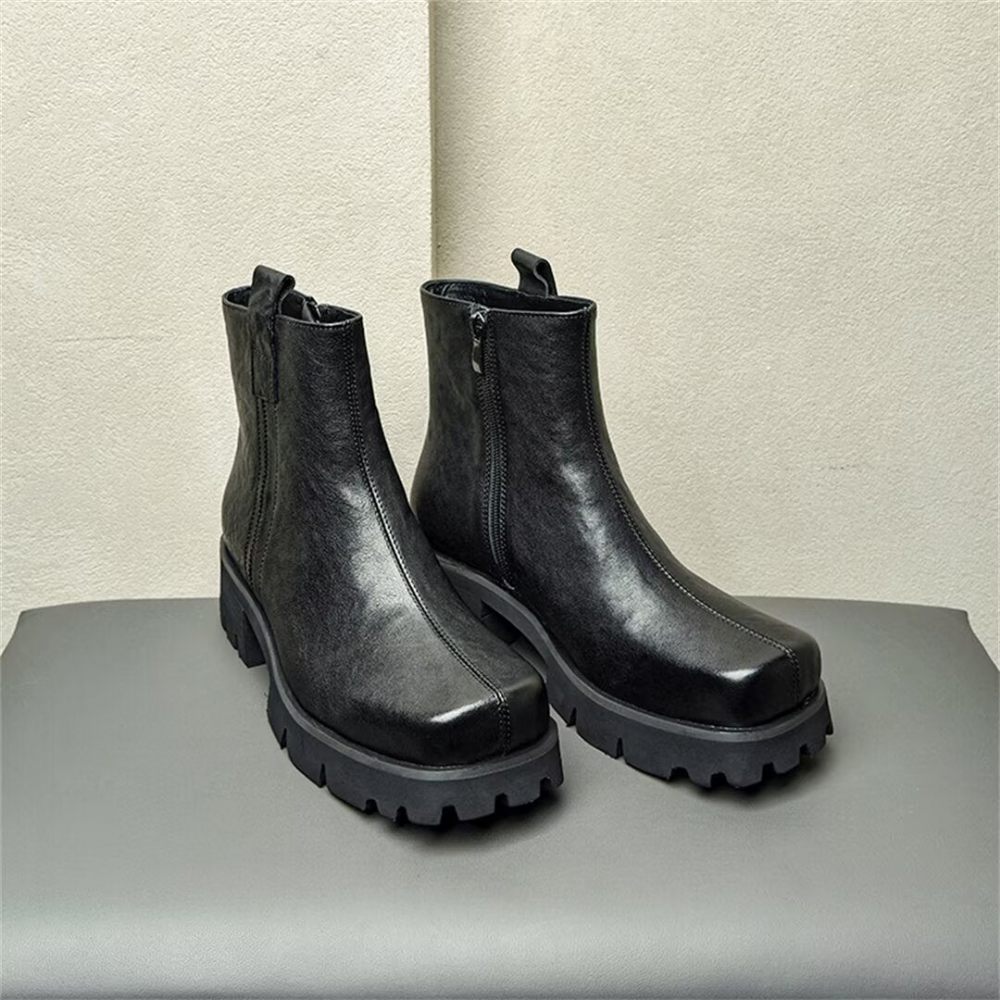 Bottes Pour Hommes Bottines À Bout Rond Cuir - Noir