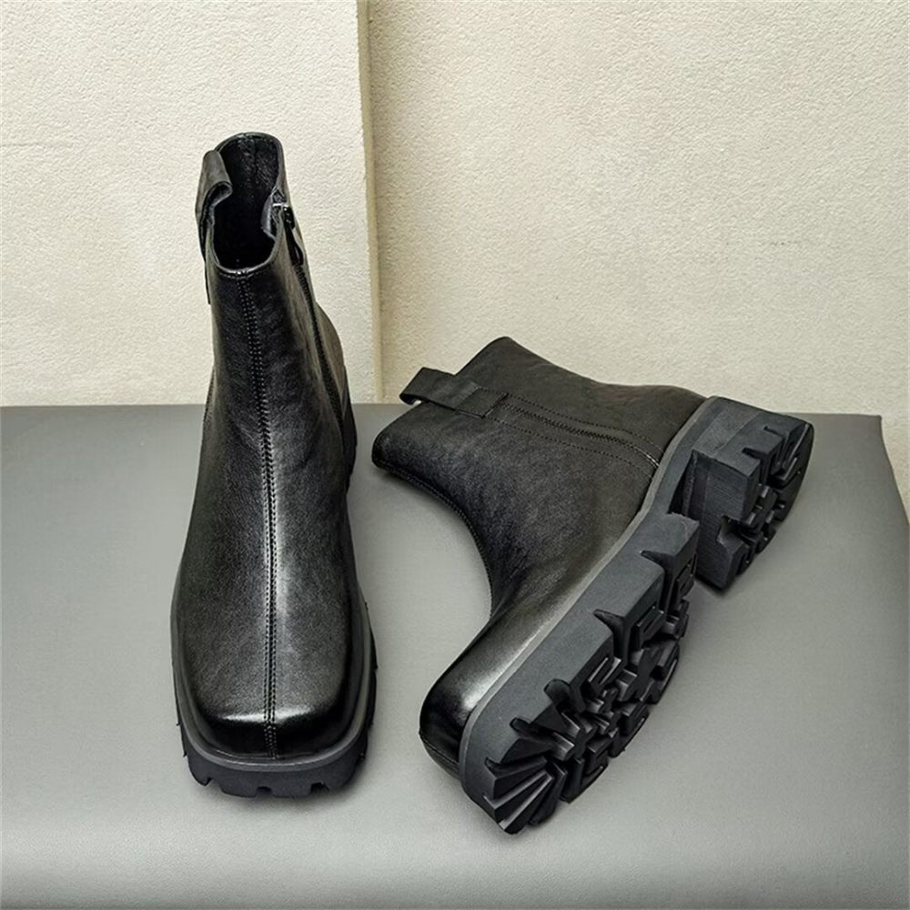 Bottes Pour Hommes Bottines À Bout Rond Cuir - Noir