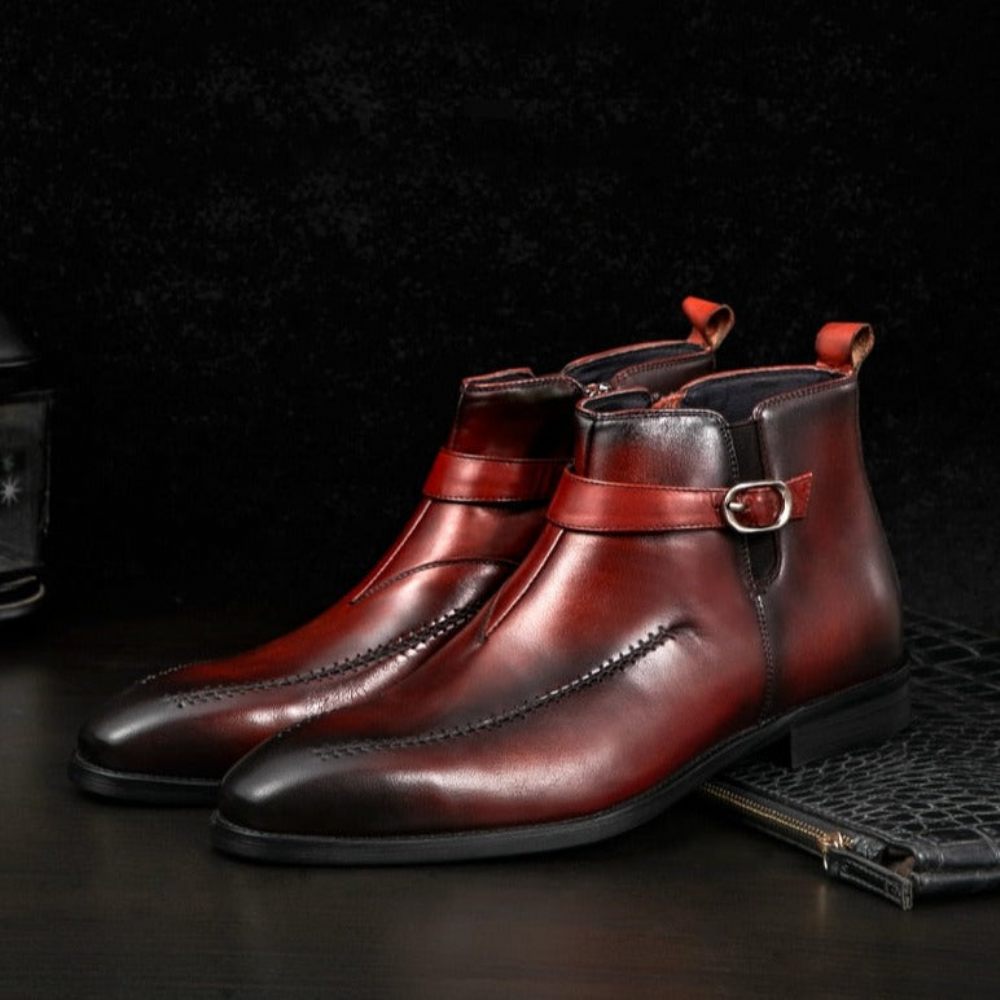 Bottes Pour Hommes Bottines À Bout Rond Cuir Exotique - Rouge