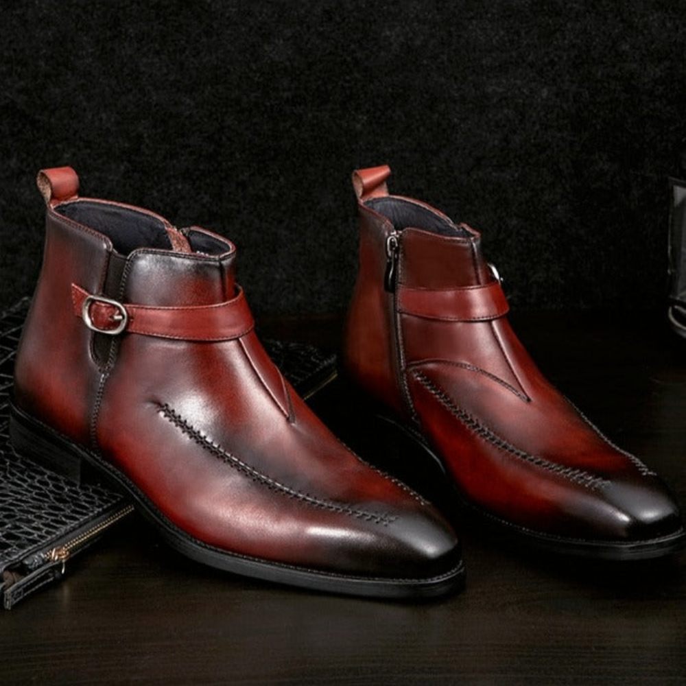 Bottes Pour Hommes Bottines À Bout Rond Cuir Exotique - Rouge