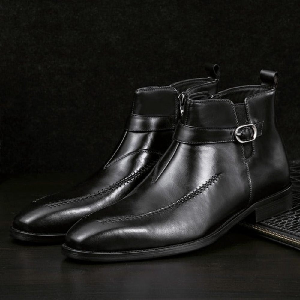 Bottes Pour Hommes Bottines À Bout Rond Cuir Exotique - Noir