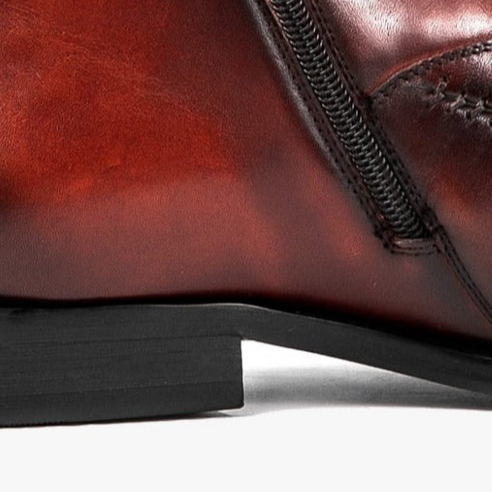 Bottes Pour Hommes Bottines À Bout Rond Cuir Exotique - Rouge