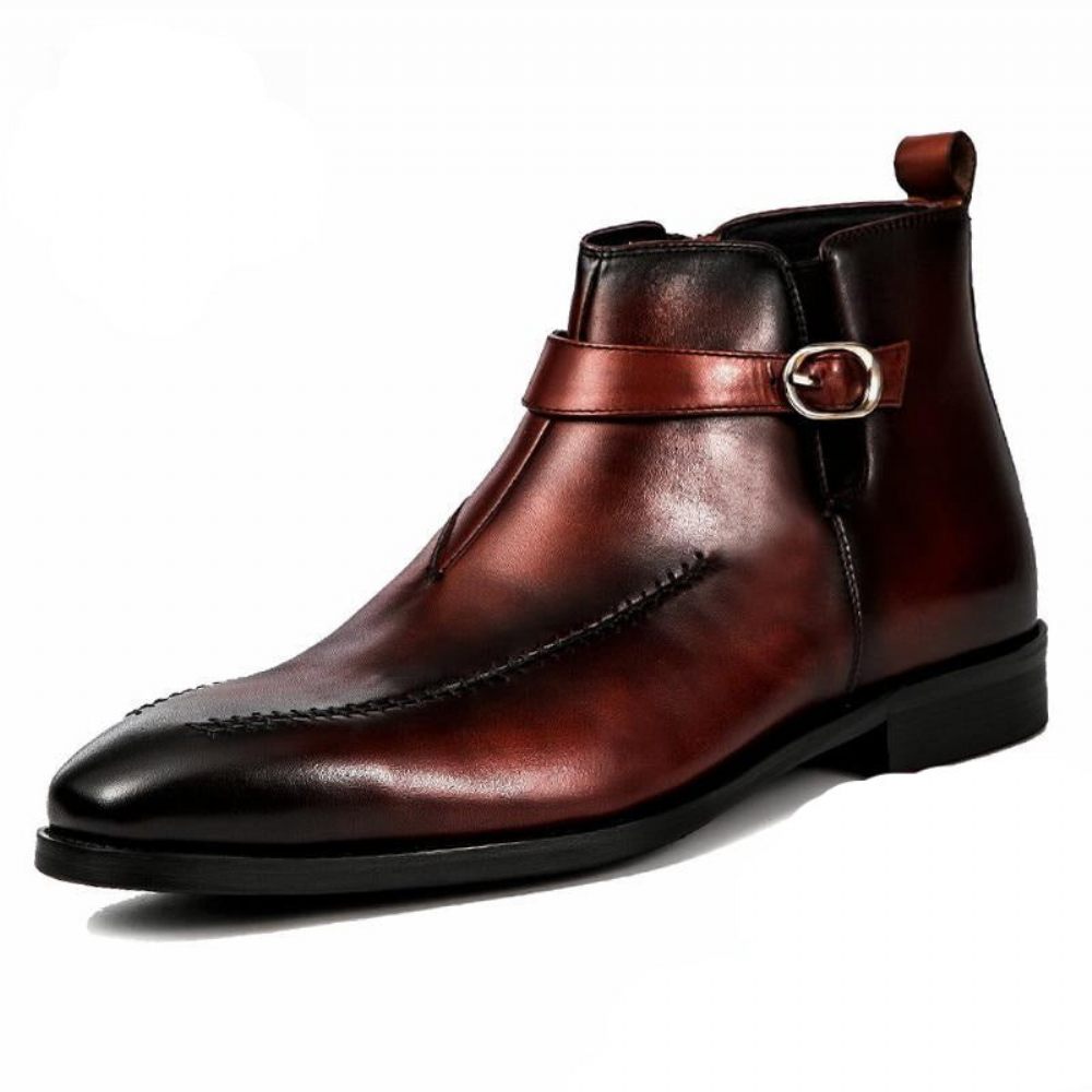 Bottes Pour Hommes Bottines À Bout Rond Cuir Exotique - Rouge