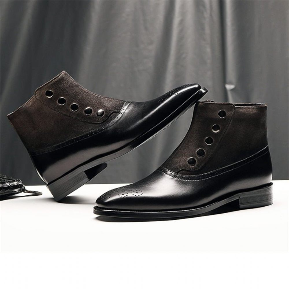 Bottes Pour Hommes Bottines Chelsea Brogue Cuir Vache Véritable - Noir