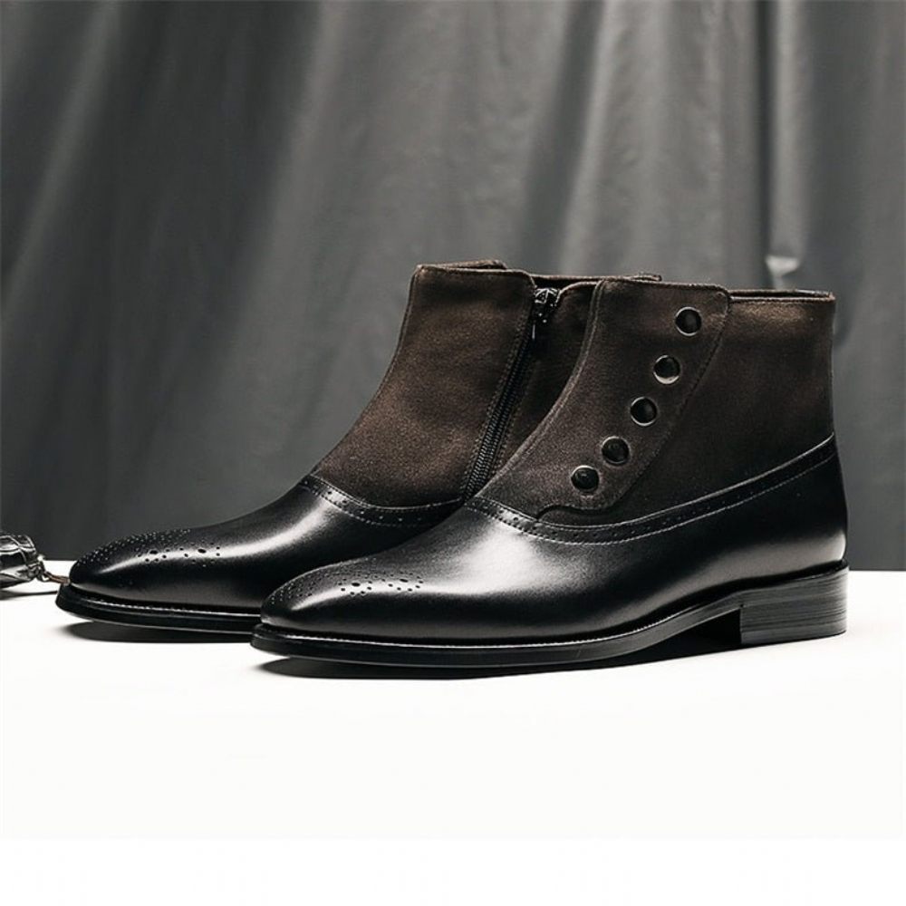 Bottes Pour Hommes Bottines Chelsea Brogue Cuir Vache Véritable - Noir