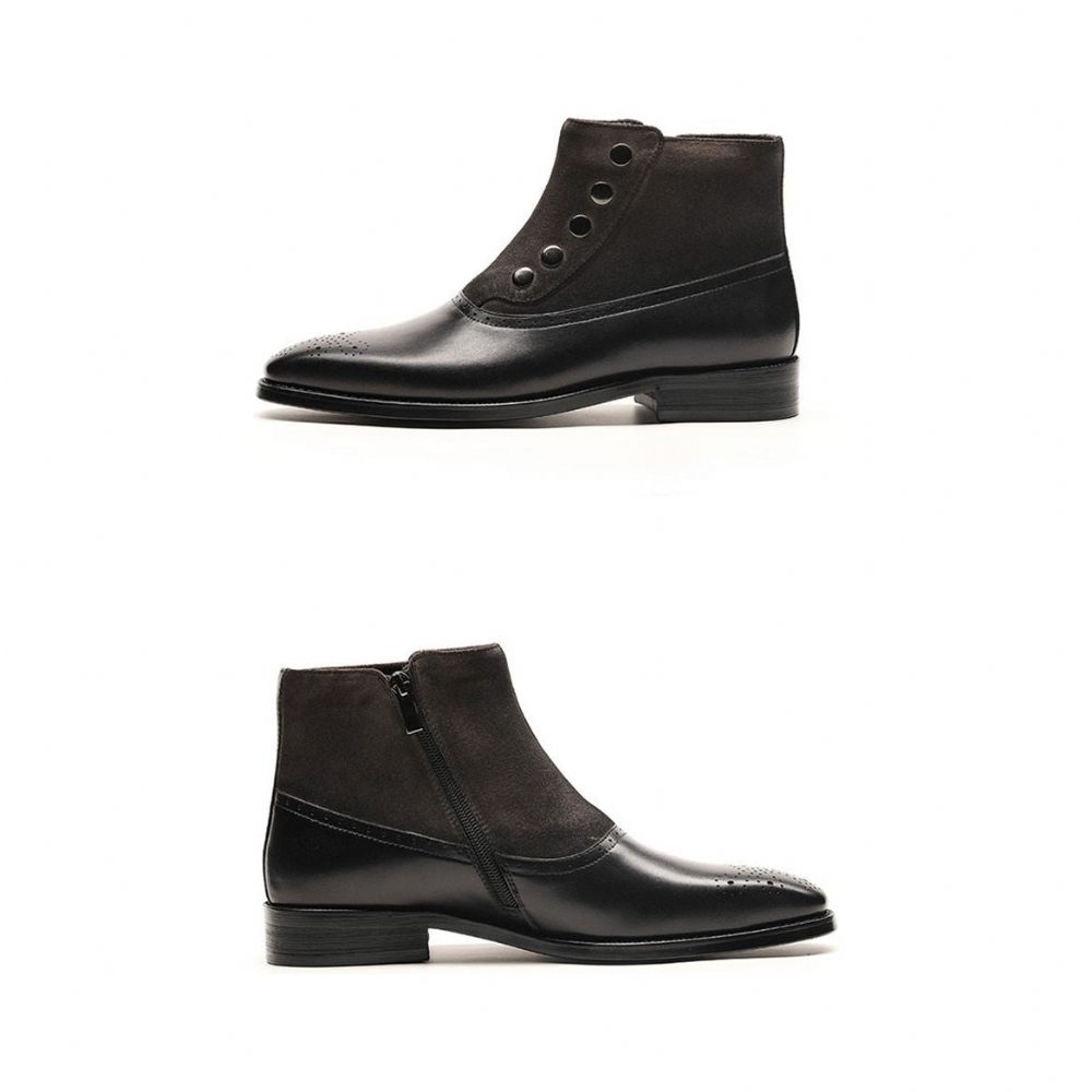 Bottes Pour Hommes Bottines Chelsea Brogue Cuir Vache Véritable - Noir