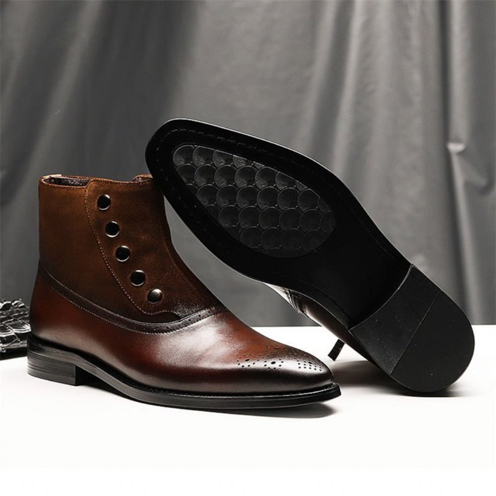 Bottes Pour Hommes Bottines Chelsea Brogue Cuir Vache Véritable - Café