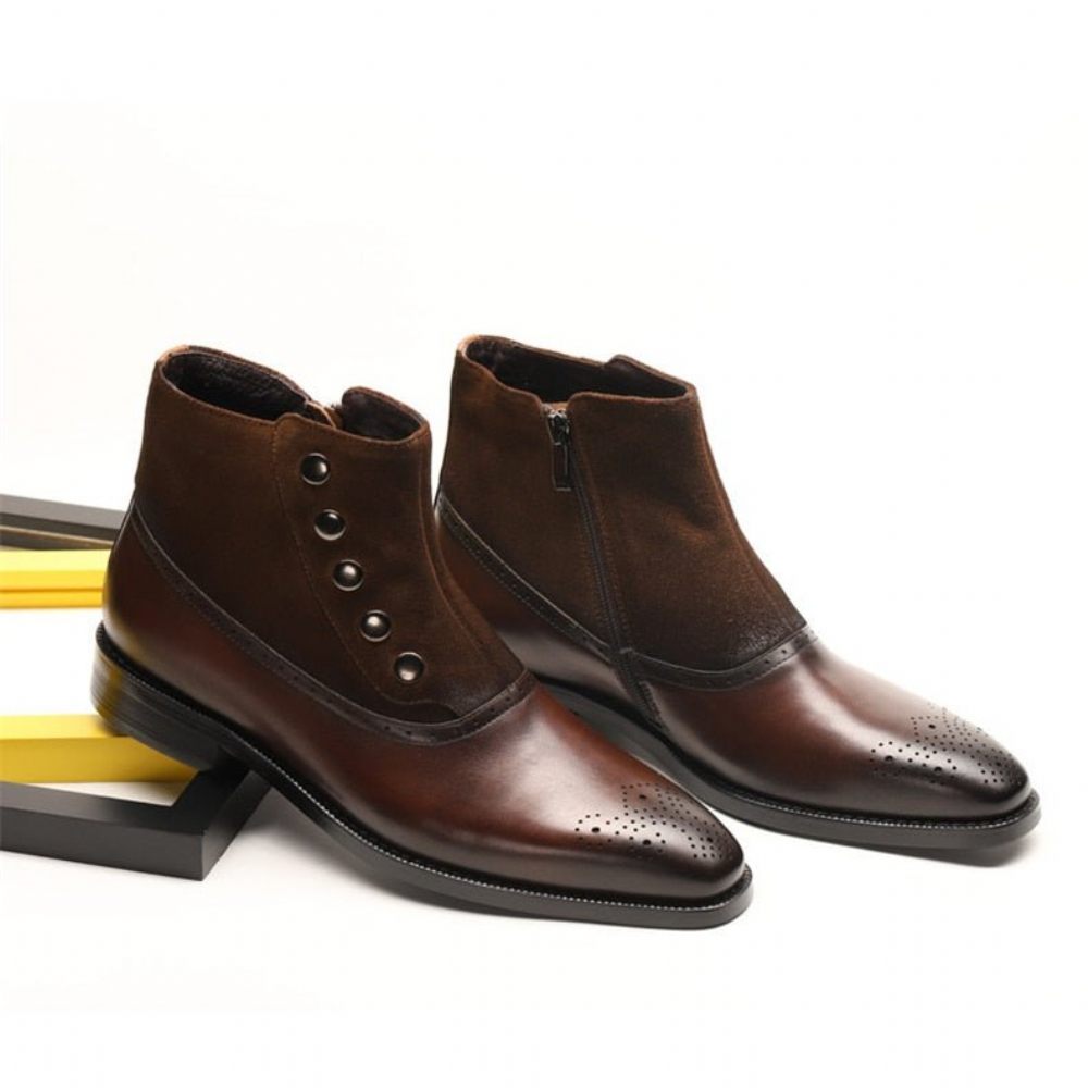 Bottes Pour Hommes Bottines Chelsea Brogue Cuir Vache Véritable - Café