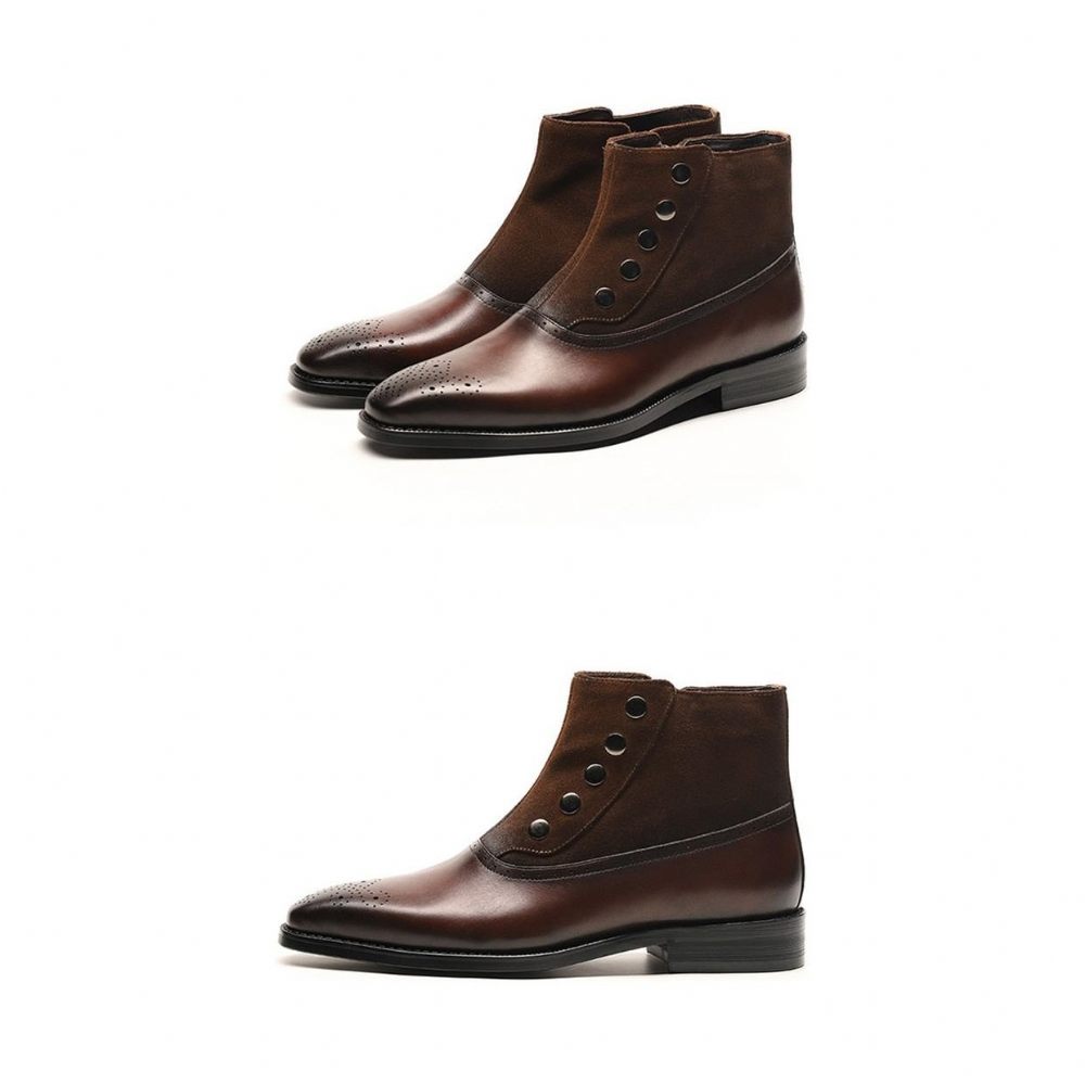 Bottes Pour Hommes Bottines Chelsea Brogue Cuir Vache Véritable - Café