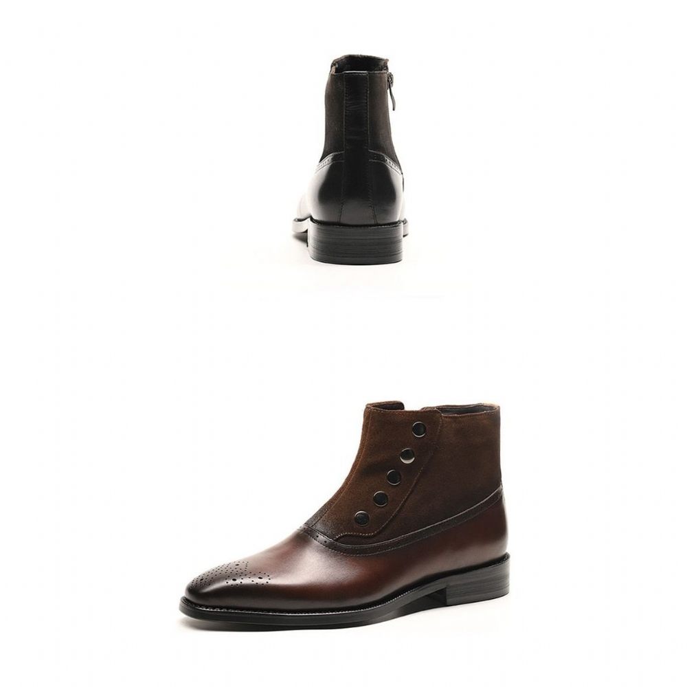 Bottes Pour Hommes Bottines Chelsea Brogue Cuir Vache Véritable - Café