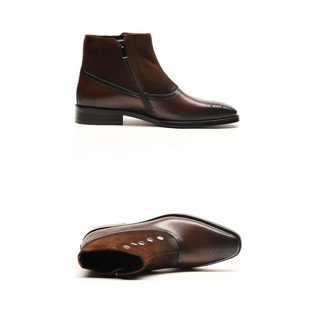 Bottes Pour Hommes Bottines Chelsea Brogue Cuir Vache Véritable - Café