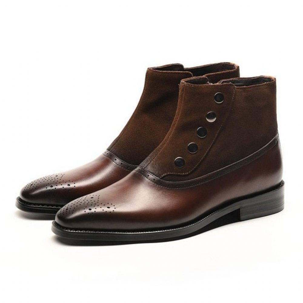 Bottes Pour Hommes Bottines Chelsea Brogue Cuir Vache Véritable - Café