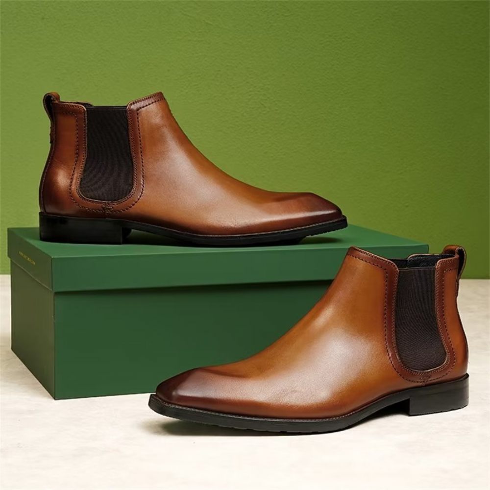 Bottes Pour Hommes Bottines Chelsea Daim À Bout Carré Cuir Élégant - Jaune-Marron