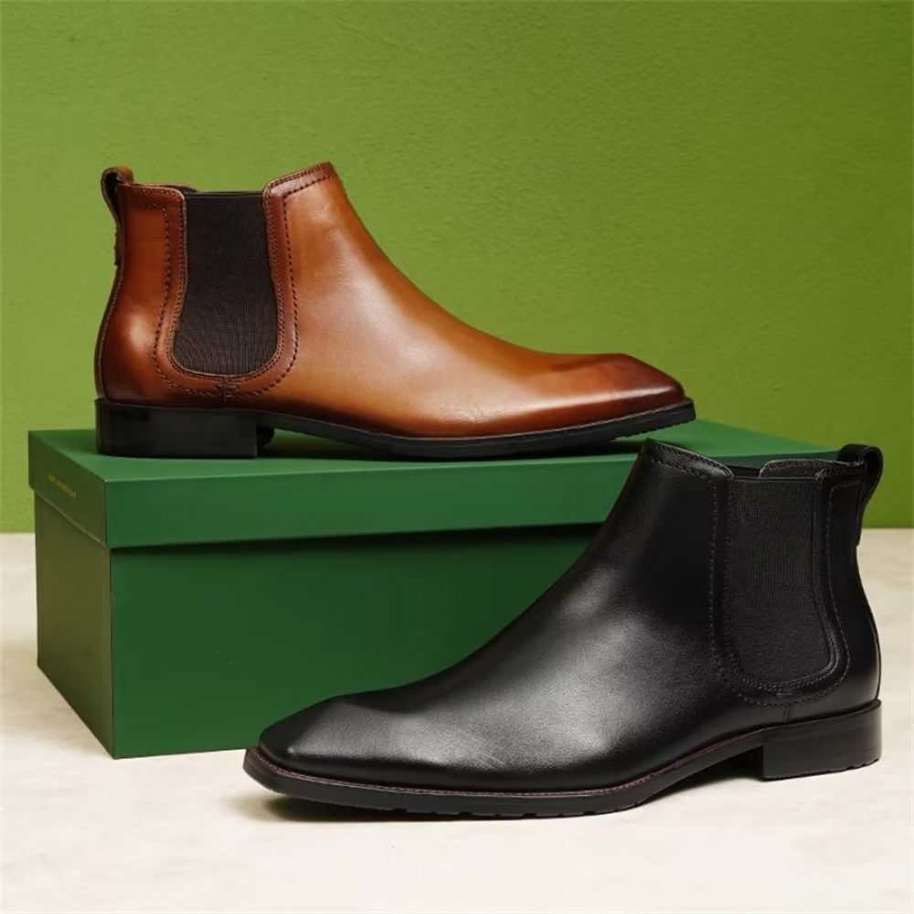 Bottes Pour Hommes Bottines Chelsea Daim À Bout Carré Cuir Élégant - Jaune-Marron