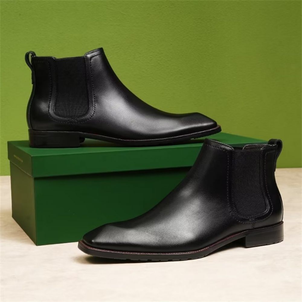 Bottes Pour Hommes Bottines Chelsea Daim À Bout Carré Cuir Élégant - Noir