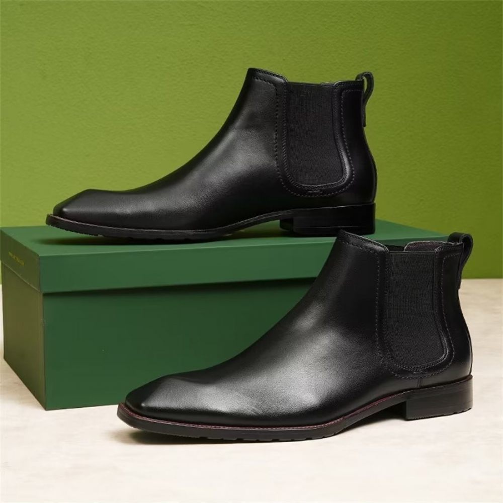 Bottes Pour Hommes Bottines Chelsea Daim À Bout Carré Cuir Élégant - Noir