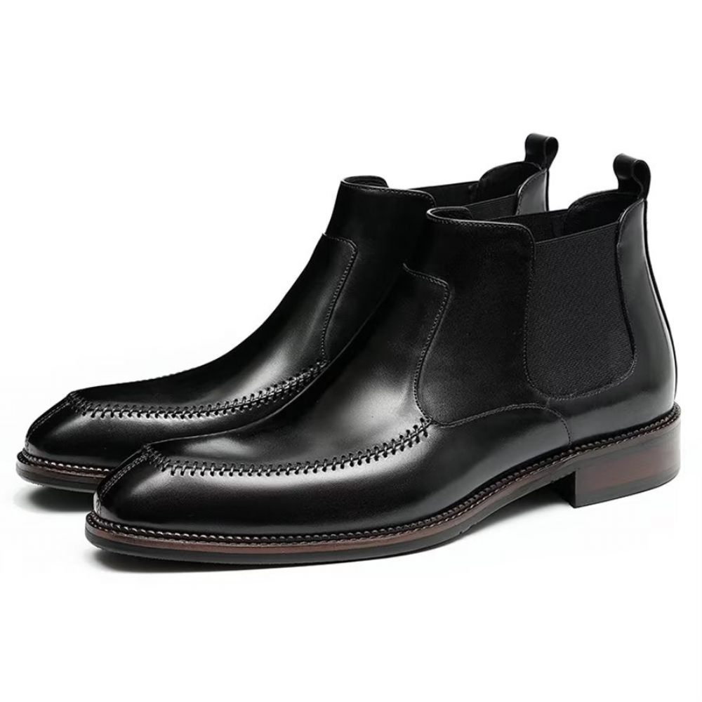 Bottes Pour Hommes Bottines Chelsea Élégantes Cuir À Bout Carré - Noir