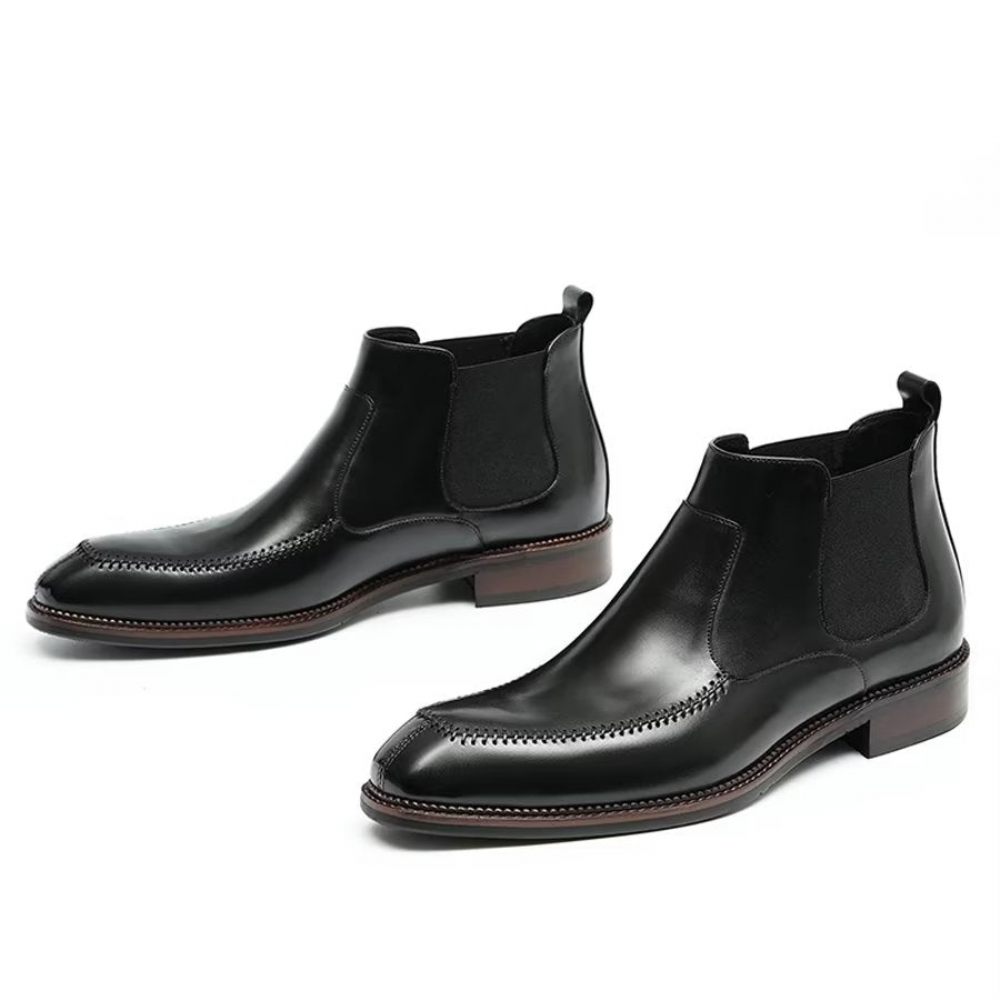 Bottes Pour Hommes Bottines Chelsea Élégantes Cuir À Bout Carré - Noir