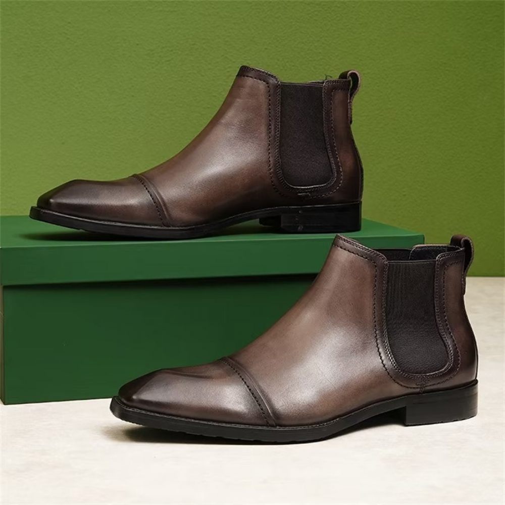 Bottes Pour Hommes Bottines Chelsea Élégantes Cuir Verni À Bout Carré - Chameau