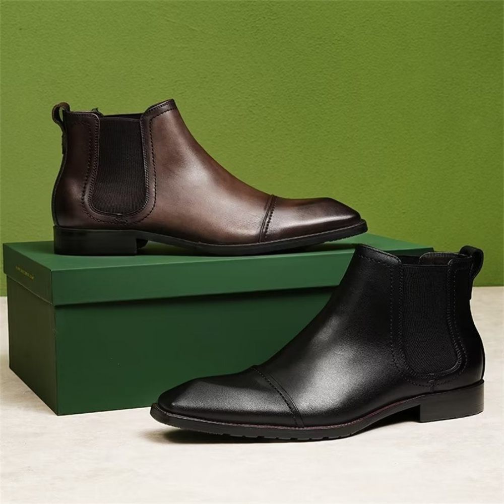 Bottes Pour Hommes Bottines Chelsea Élégantes Cuir Verni À Bout Carré - Noir