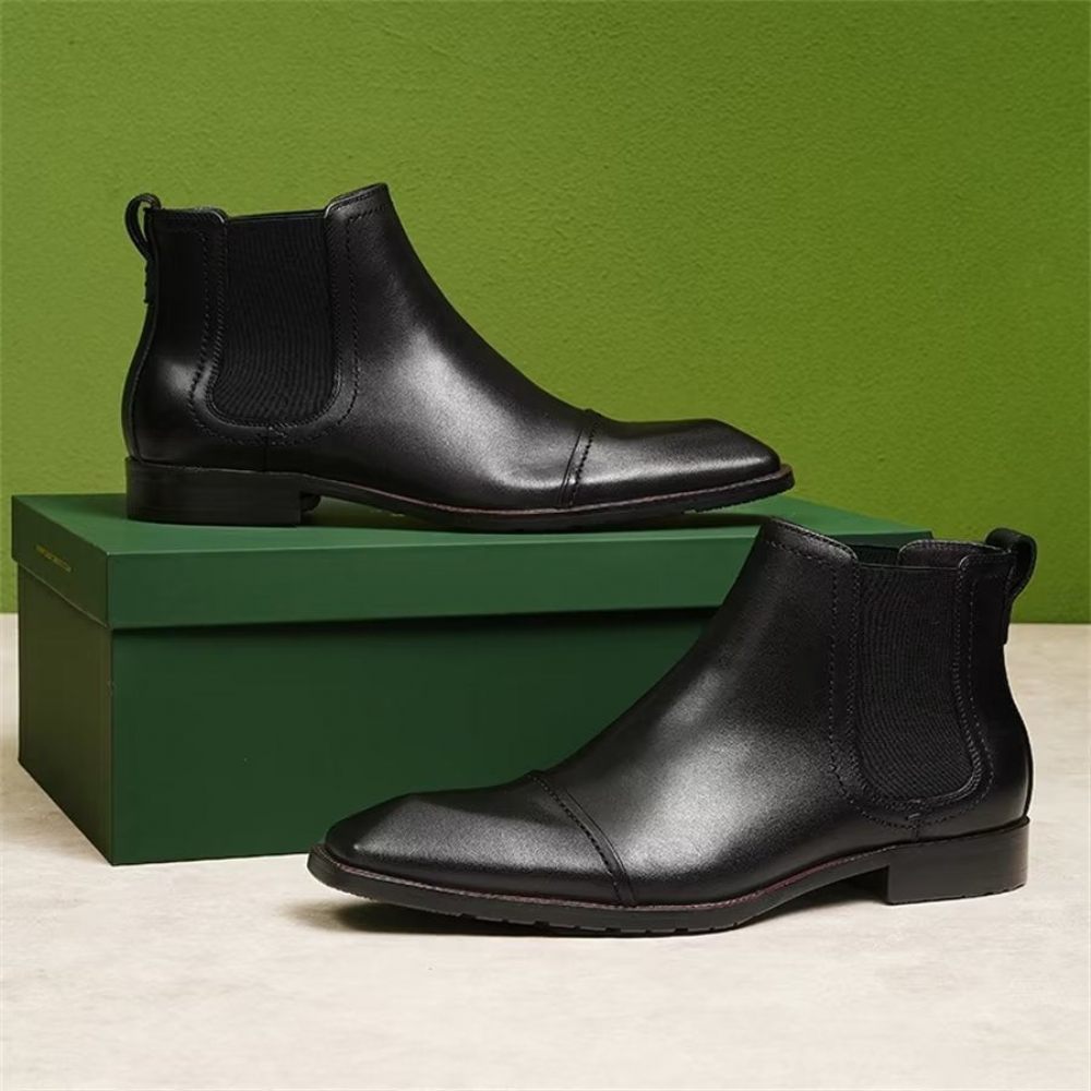 Bottes Pour Hommes Bottines Chelsea Élégantes Cuir Verni À Bout Carré - Noir