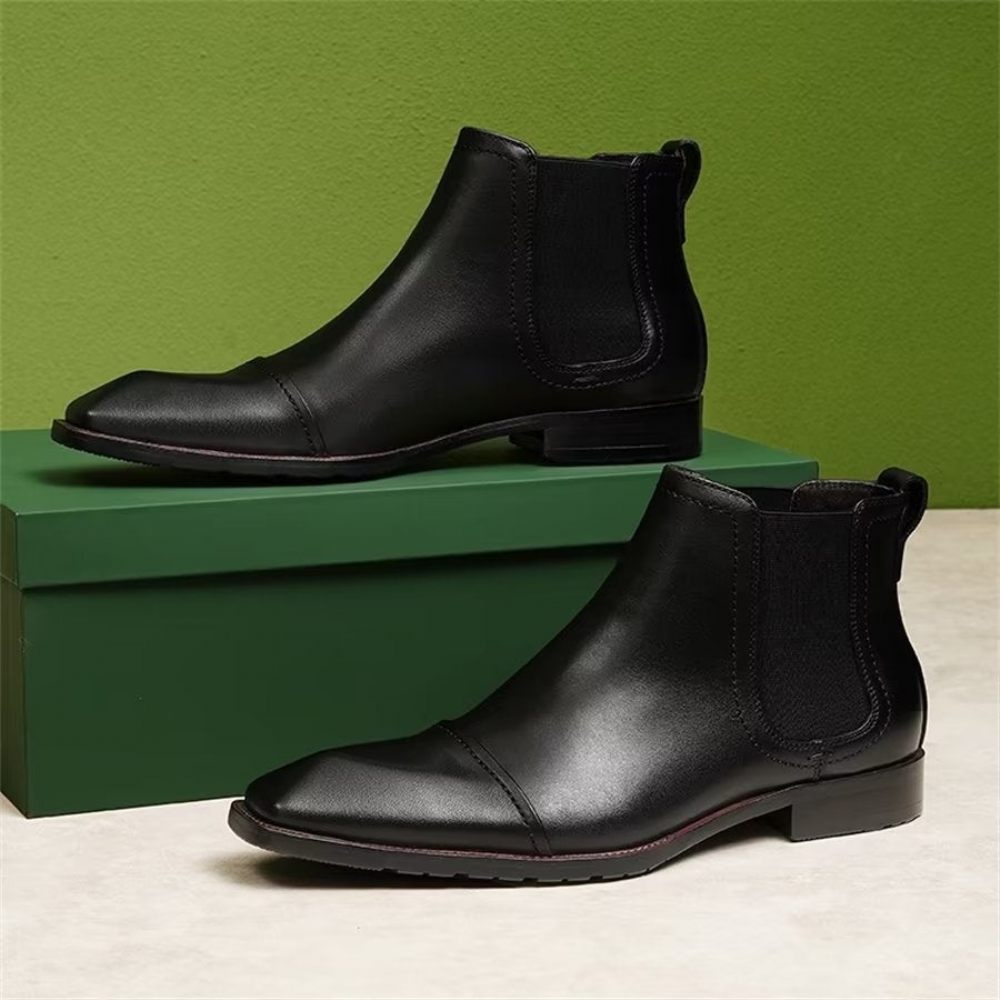 Bottes Pour Hommes Bottines Chelsea Élégantes Cuir Verni À Bout Carré - Noir