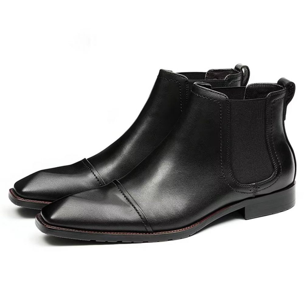 Bottes Pour Hommes Bottines Chelsea Élégantes Cuir Verni À Bout Carré - Noir