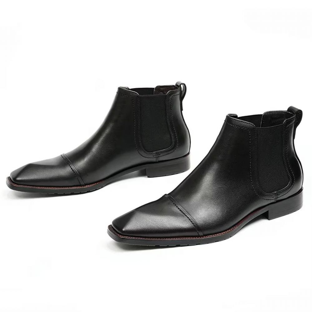 Bottes Pour Hommes Bottines Chelsea Élégantes Cuir Verni À Bout Carré - Noir