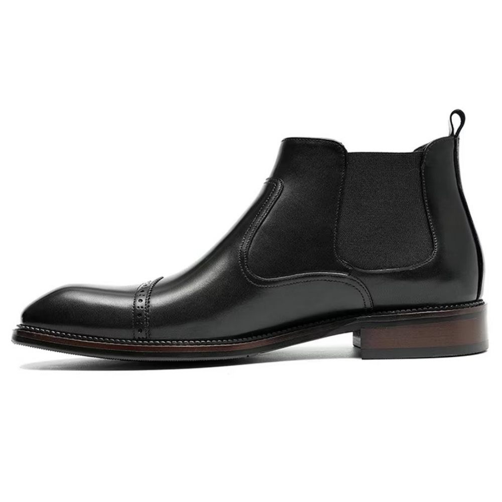 Bottes Pour Hommes Bottines Chelsea Plates Cuir Élégantes À Bout Carré - Noir