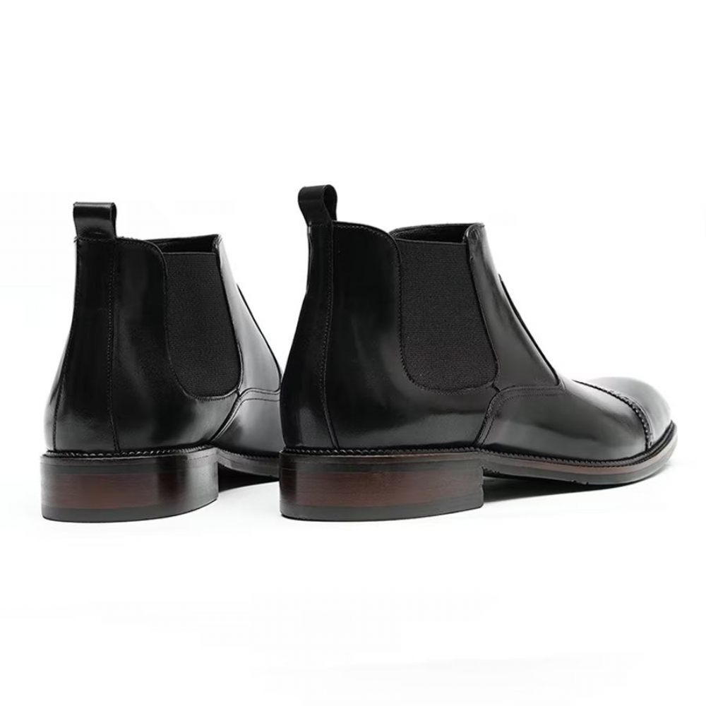 Bottes Pour Hommes Bottines Chelsea Plates Cuir Élégantes À Bout Carré - Noir