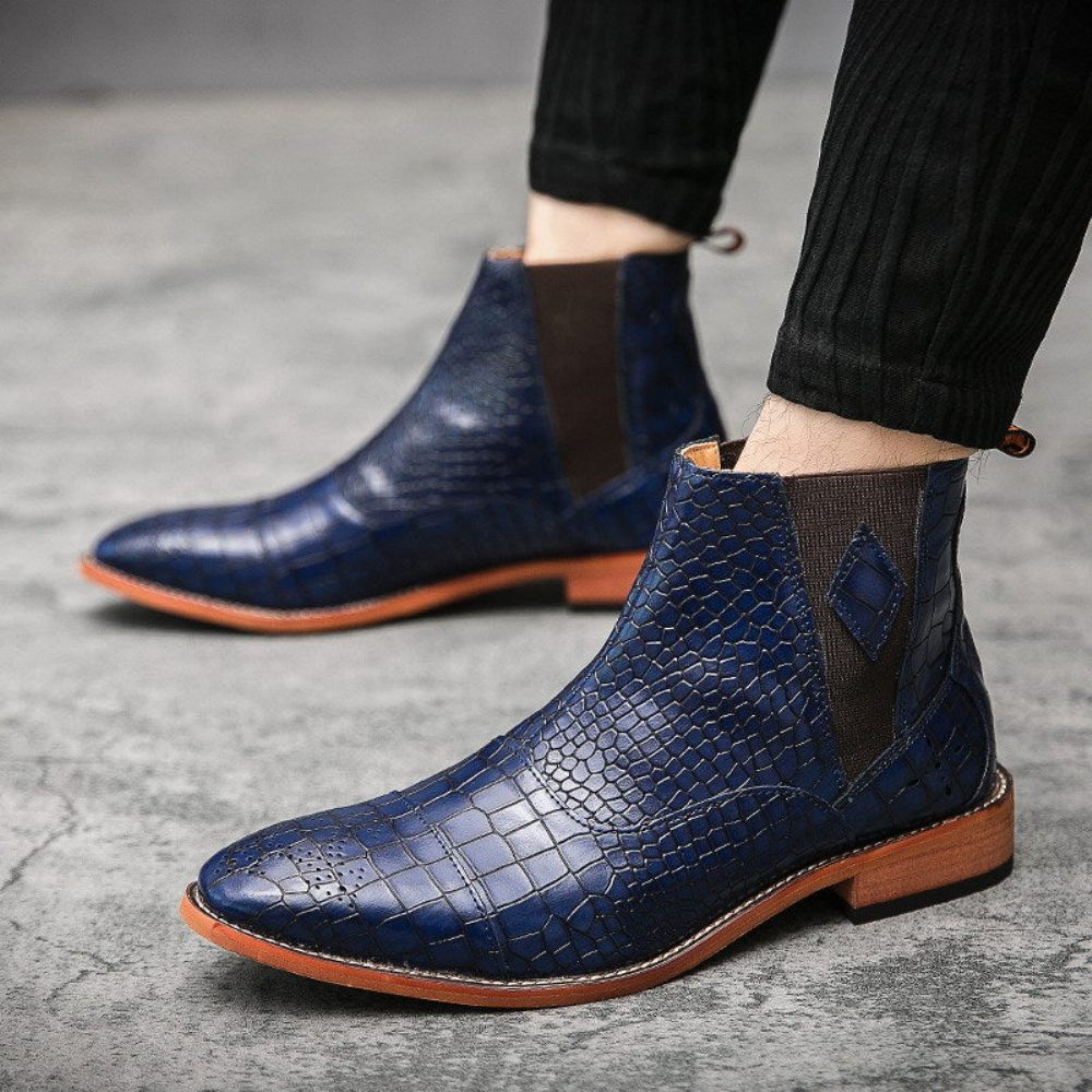 Bottes Pour Hommes Bottines Chelsea Pointues Chic Peau Serpent - Bleu