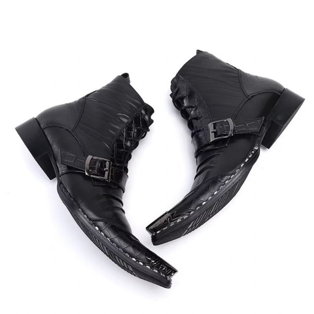 Bottes Pour Hommes Bottines Chics Cuir Crocodile Luxe - Noir