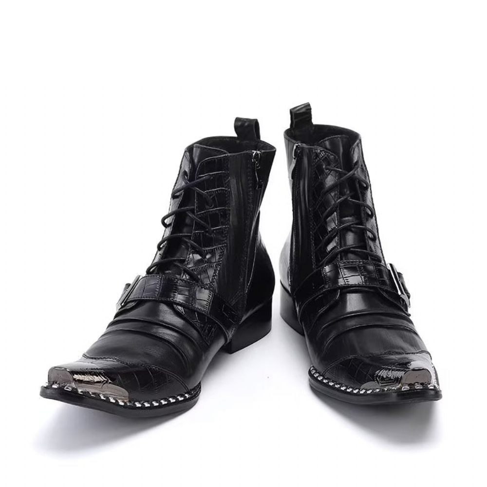 Bottes Pour Hommes Bottines Chics Cuir Crocodile Luxe - Noir