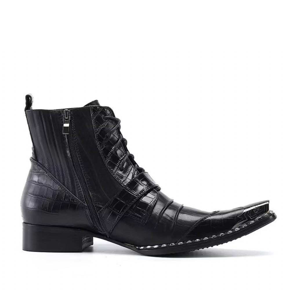 Bottes Pour Hommes Bottines Chics Cuir Crocodile Luxe - Noir