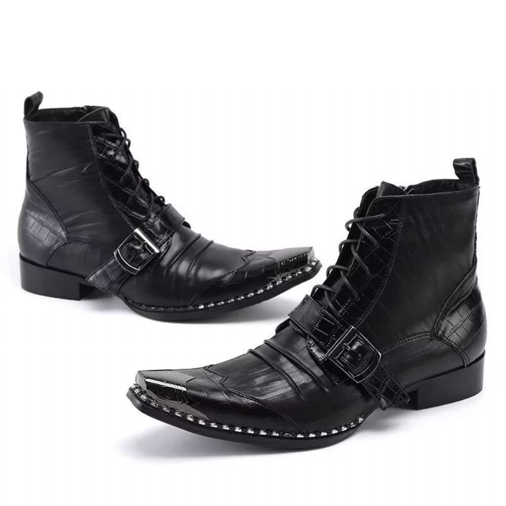 Bottes Pour Hommes Bottines Chics Cuir Crocodile Luxe - Noir