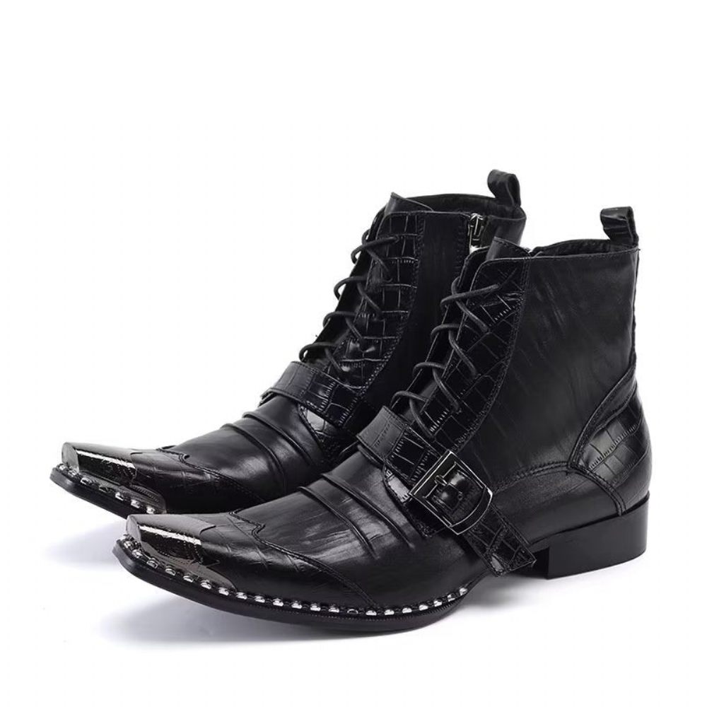 Bottes Pour Hommes Bottines Chics Cuir Crocodile Luxe - Noir