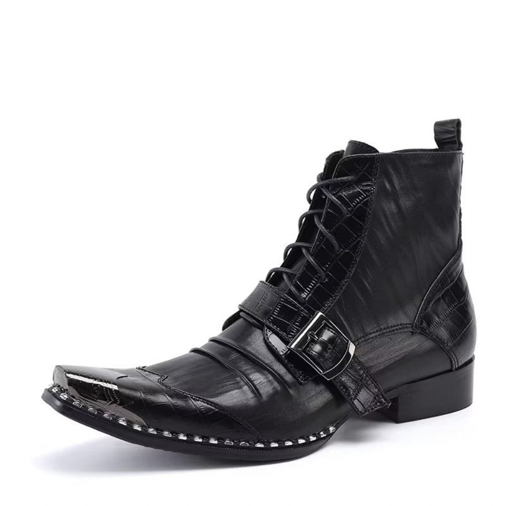 Bottes Pour Hommes Bottines Chics Cuir Crocodile Luxe - Noir