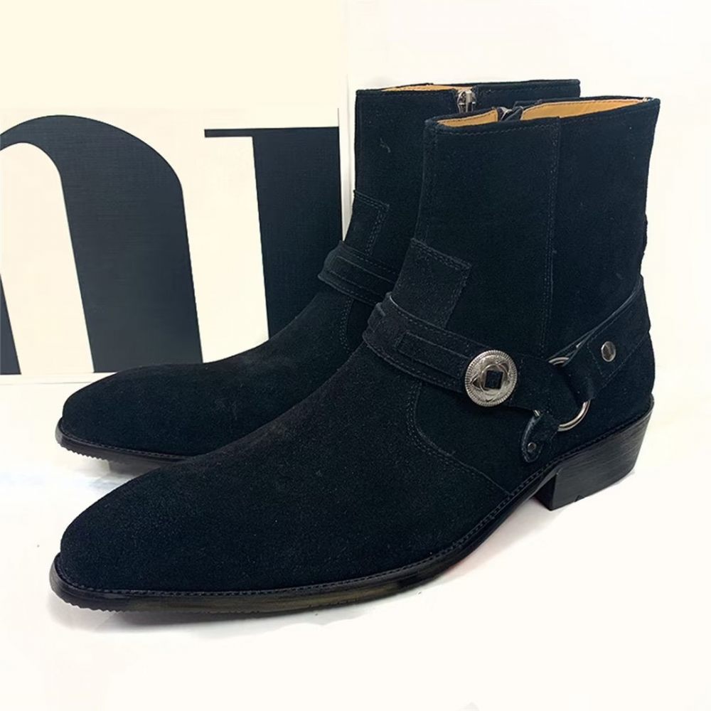 Bottes Pour Hommes Bottines Chics Cuir Véritable - Noir